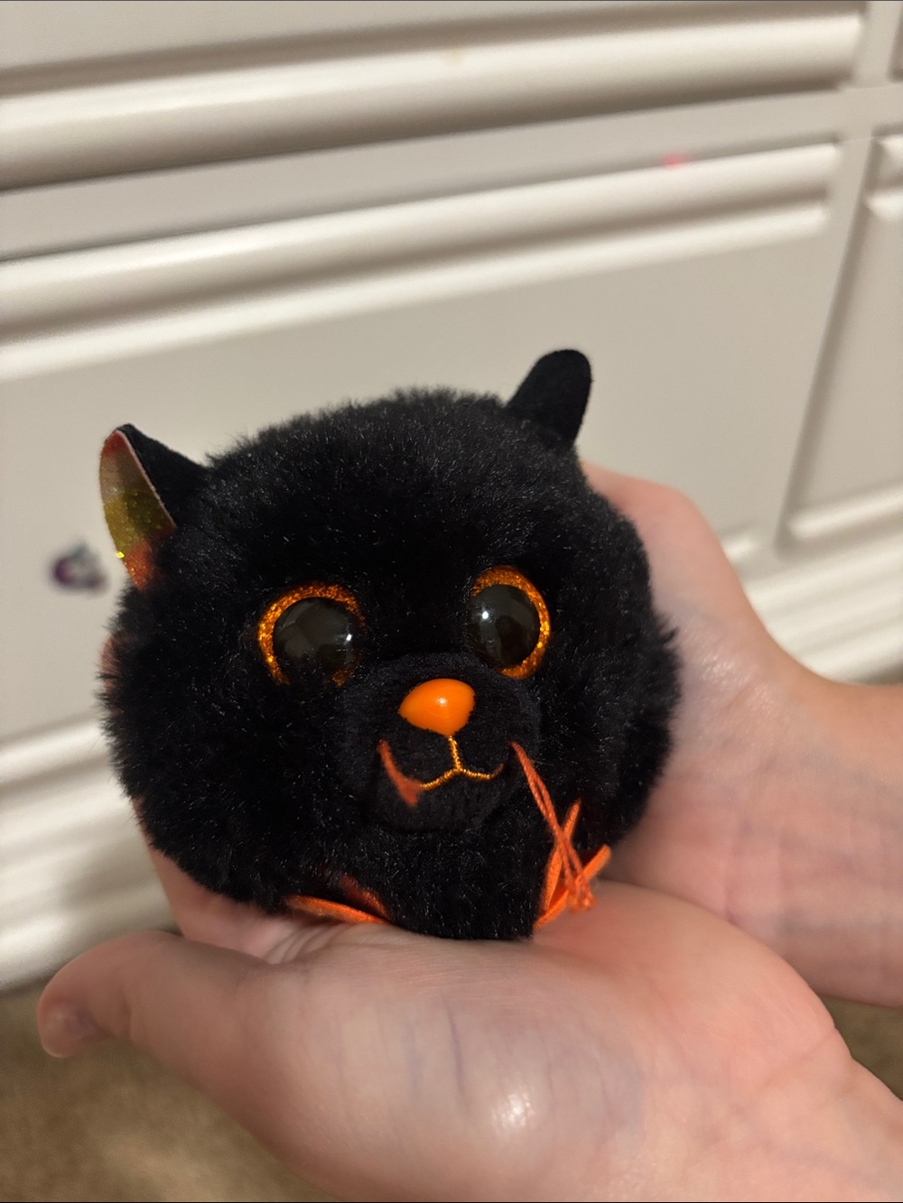 Beanie Boo Black Plush Halloween Cat Pom with Orange Accents